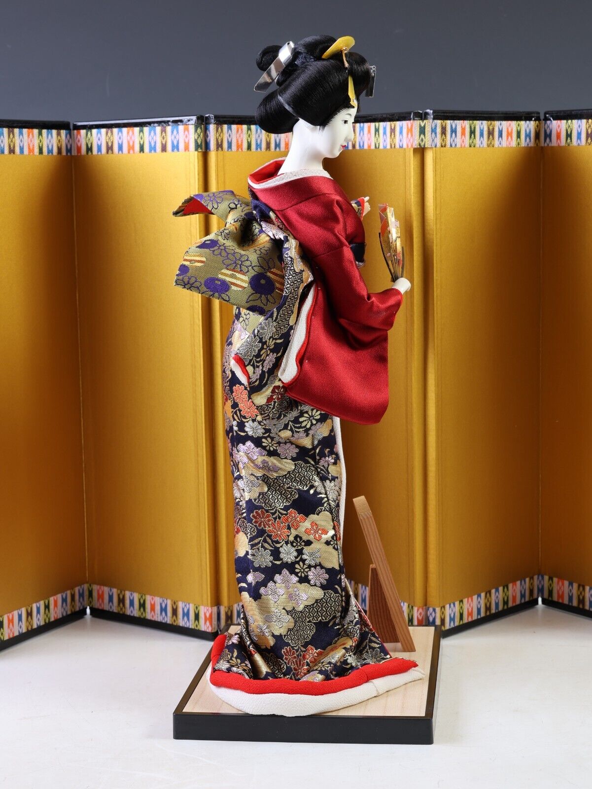 Unique Japanese Geisha Doll Traditional Decorative Figurine with Kimono and Fan.