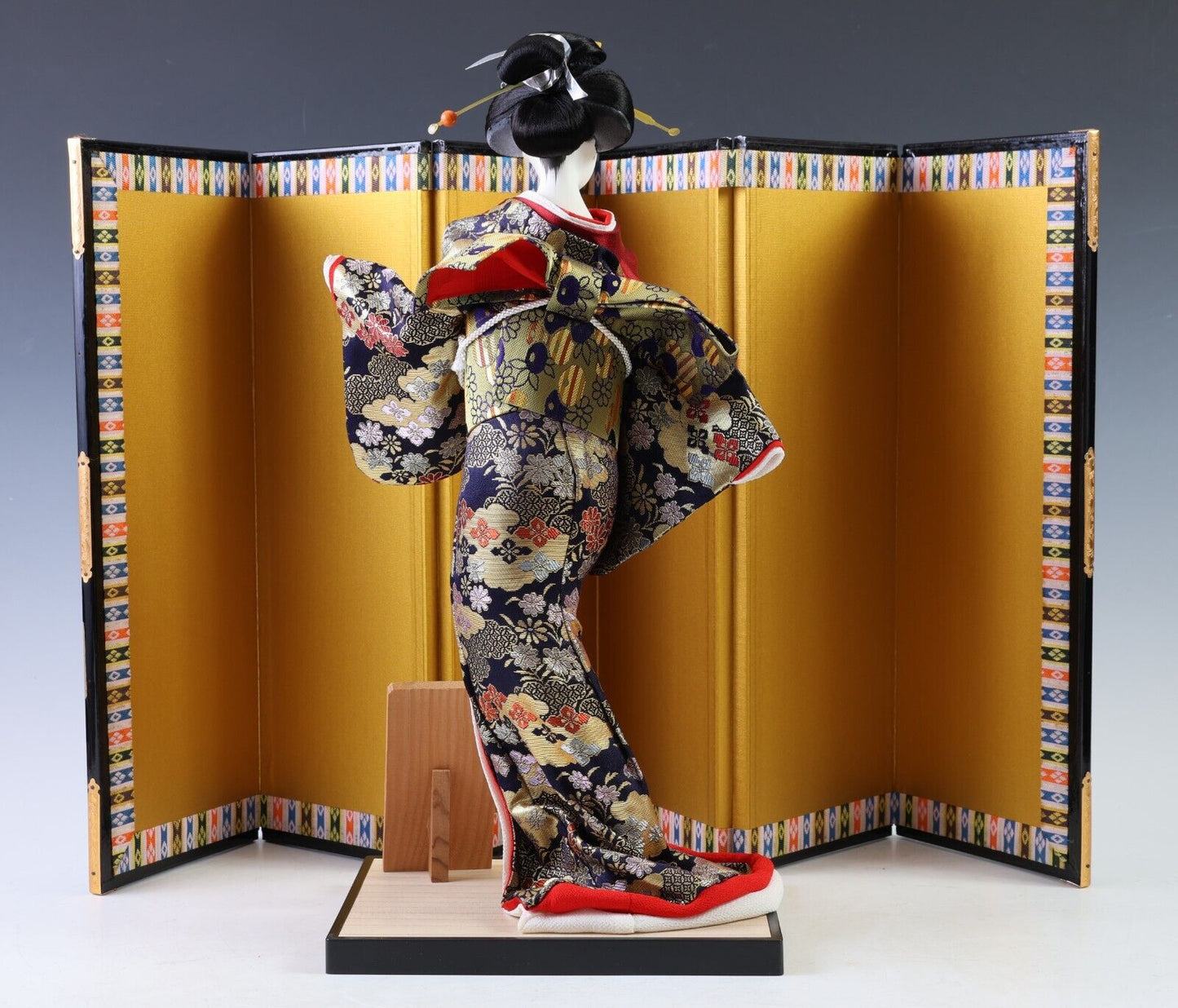 Unique Japanese Geisha Doll Traditional Decorative Figurine with Kimono and Fan.