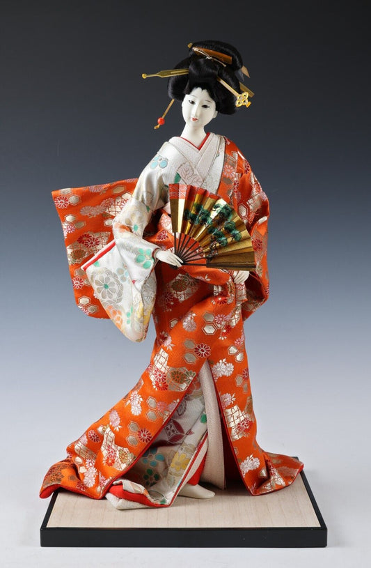 Collectible Japanese Geisha Traditional Doll in Kimono with Fan Asian Art.