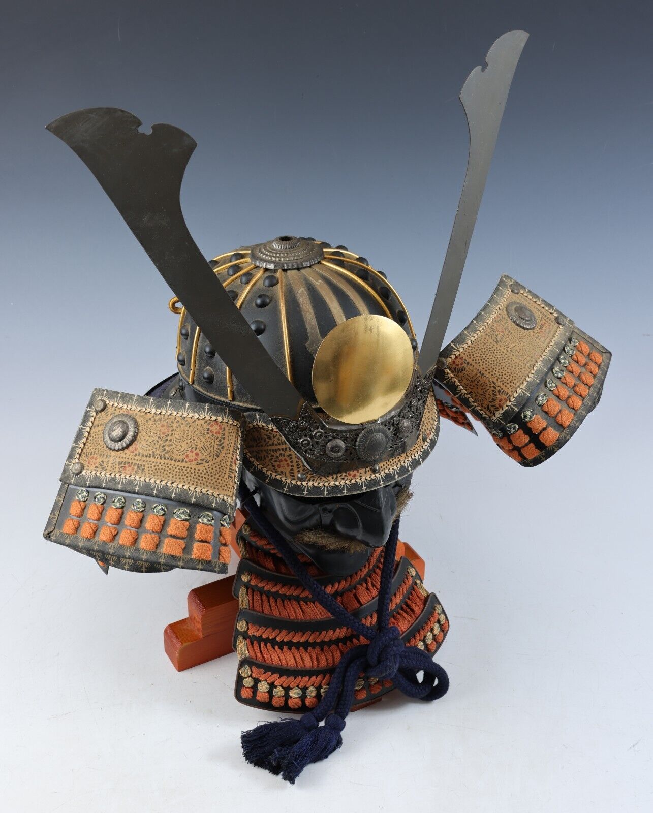 Antique Collectible Japanese Samurai Armor Kabuto Helmet with a Mask Headgear.