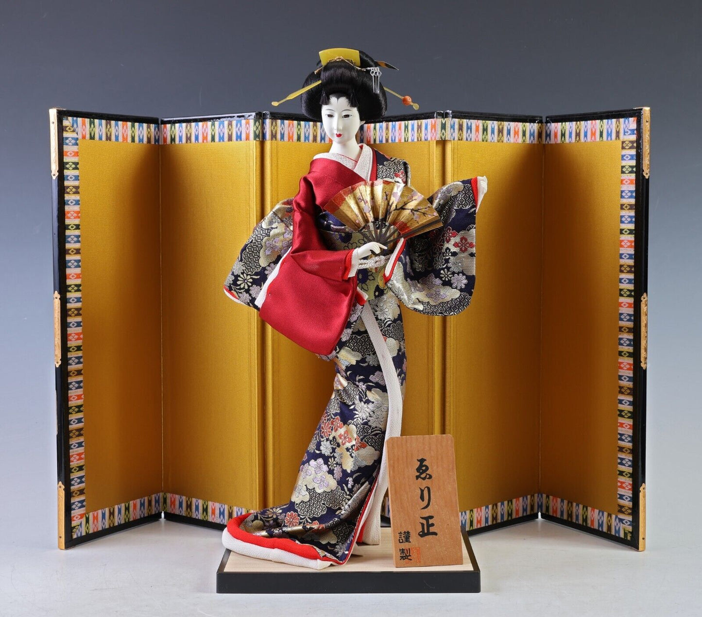 Unique Japanese Geisha Doll Traditional Decorative Figurine with Kimono and Fan.