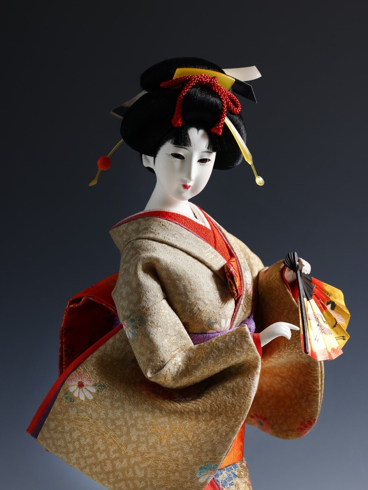 Old Japanese Traditional Geisha Doll Collectible Art Vintage Kimono and Fan.