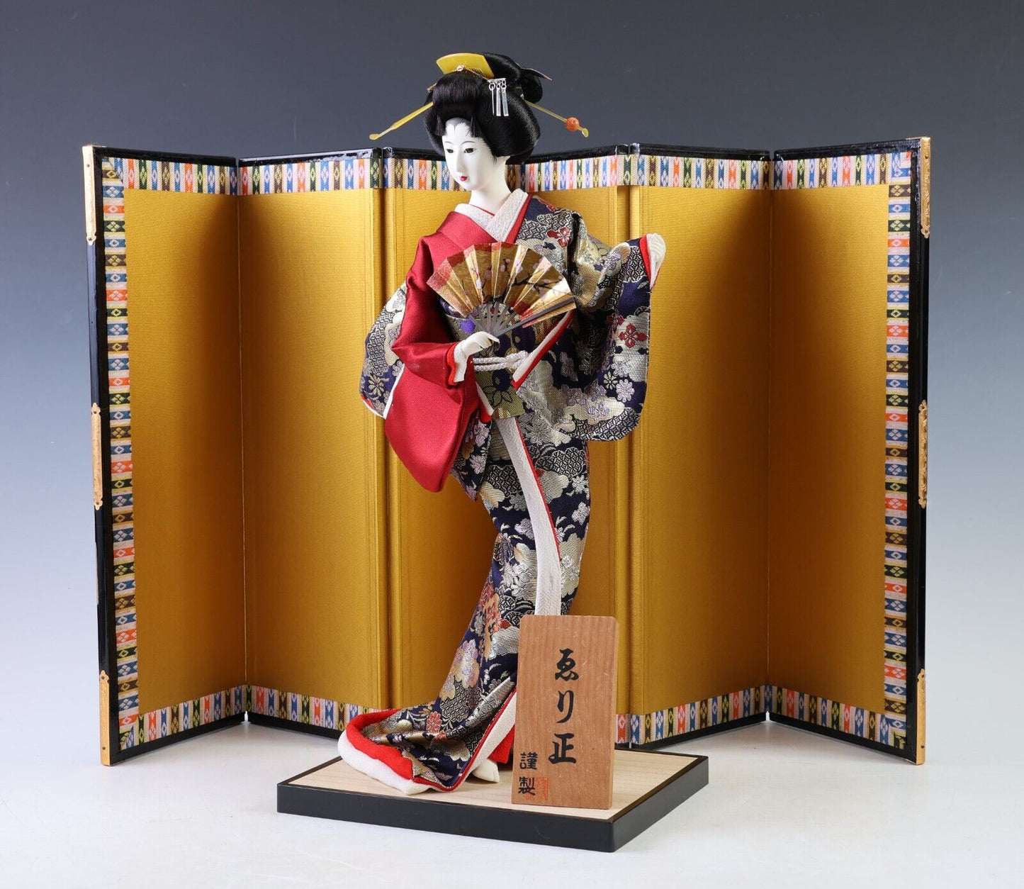 Unique Japanese Geisha Doll Traditional Decorative Figurine with Kimono and Fan.