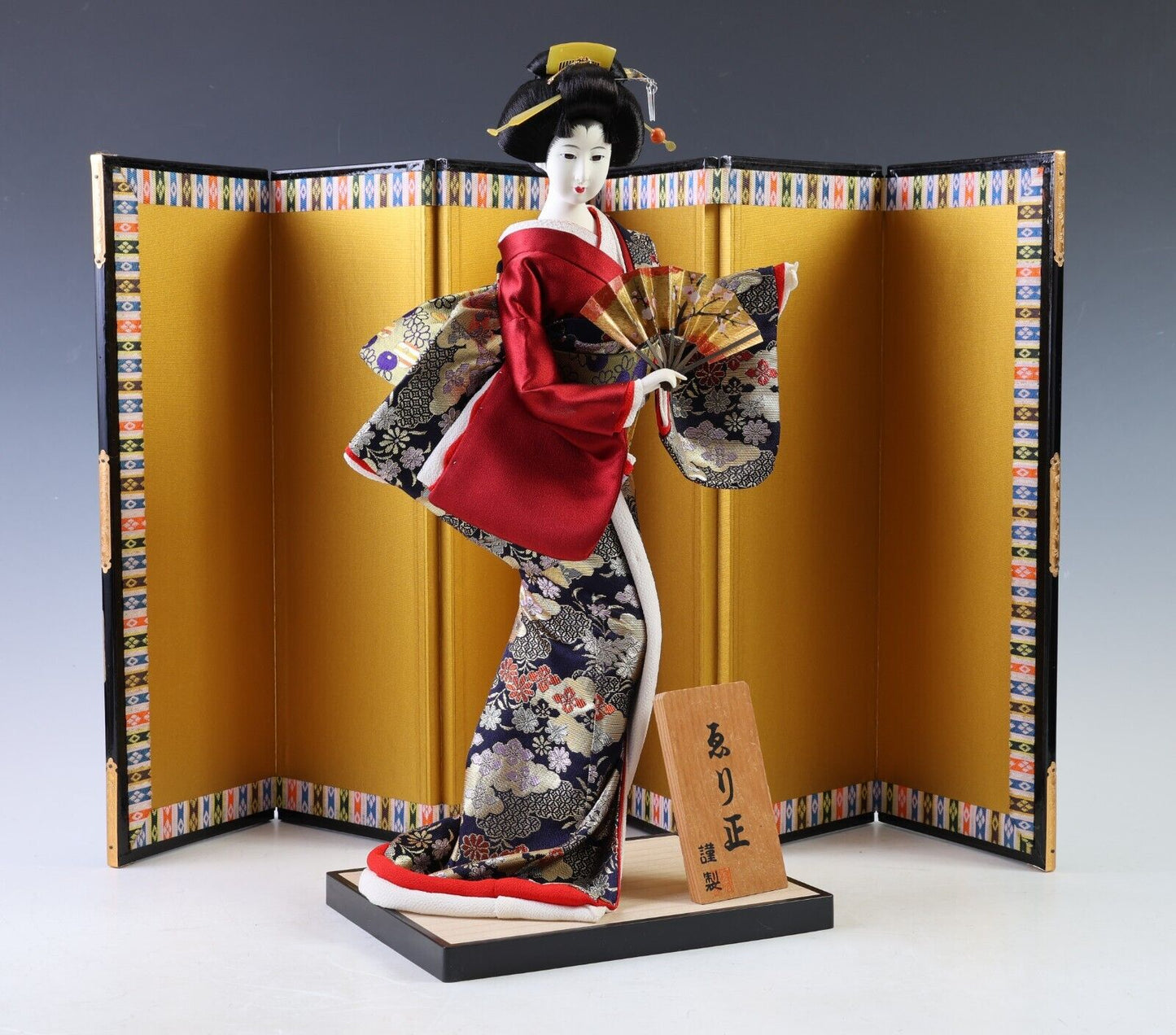 Unique Japanese Geisha Doll Traditional Decorative Figurine with Kimono and Fan.