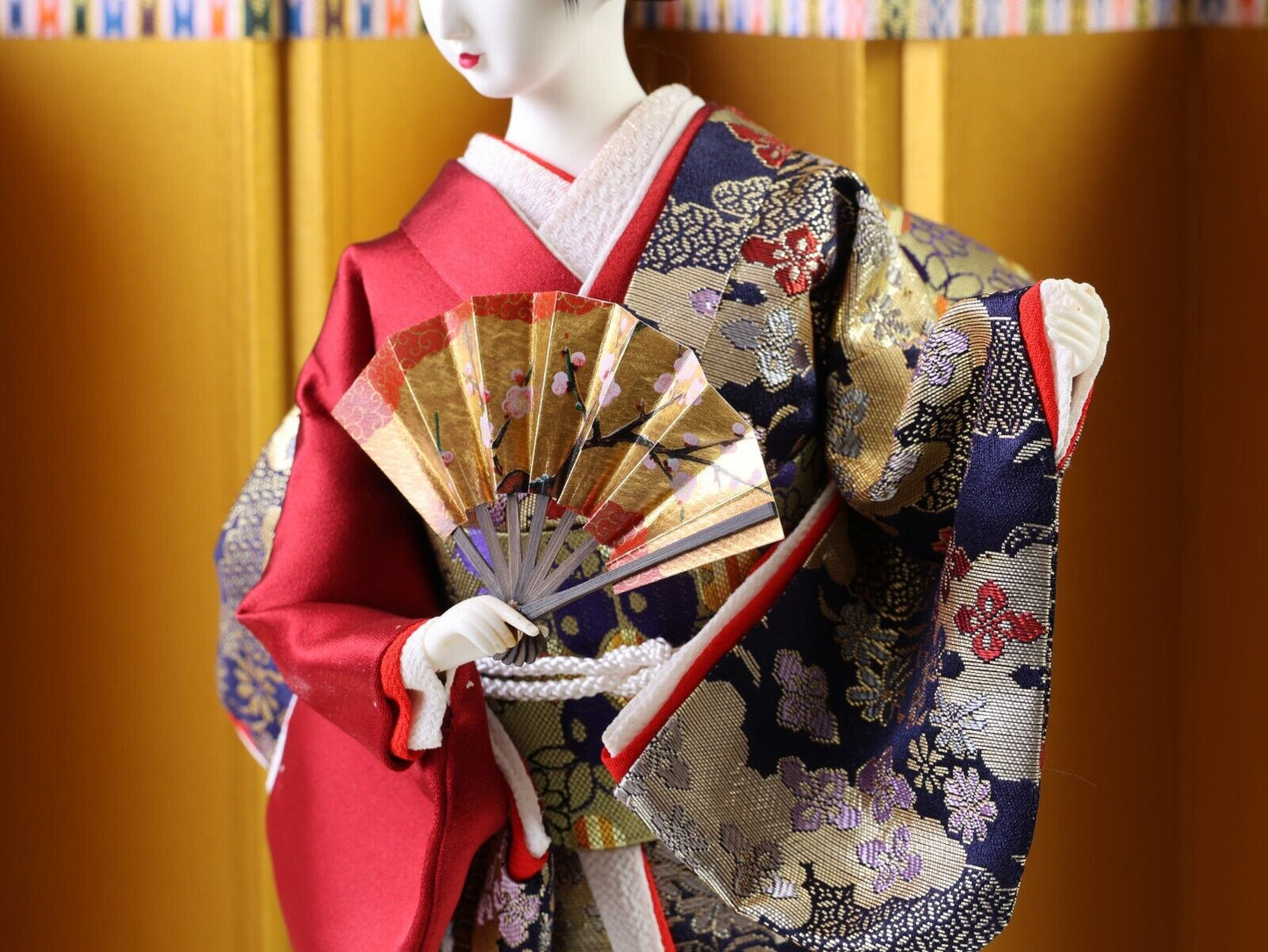 Unique Japanese Geisha Doll Traditional Decorative Figurine with Kimono and Fan.