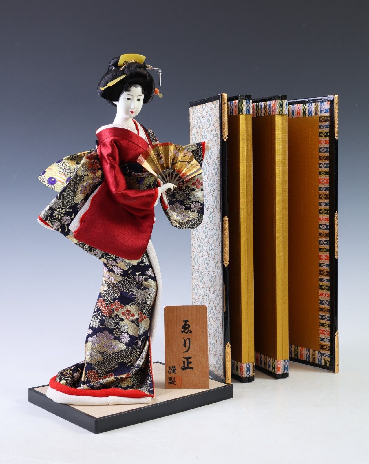 Unique Japanese Geisha Doll Traditional Decorative Figurine with Kimono and Fan.