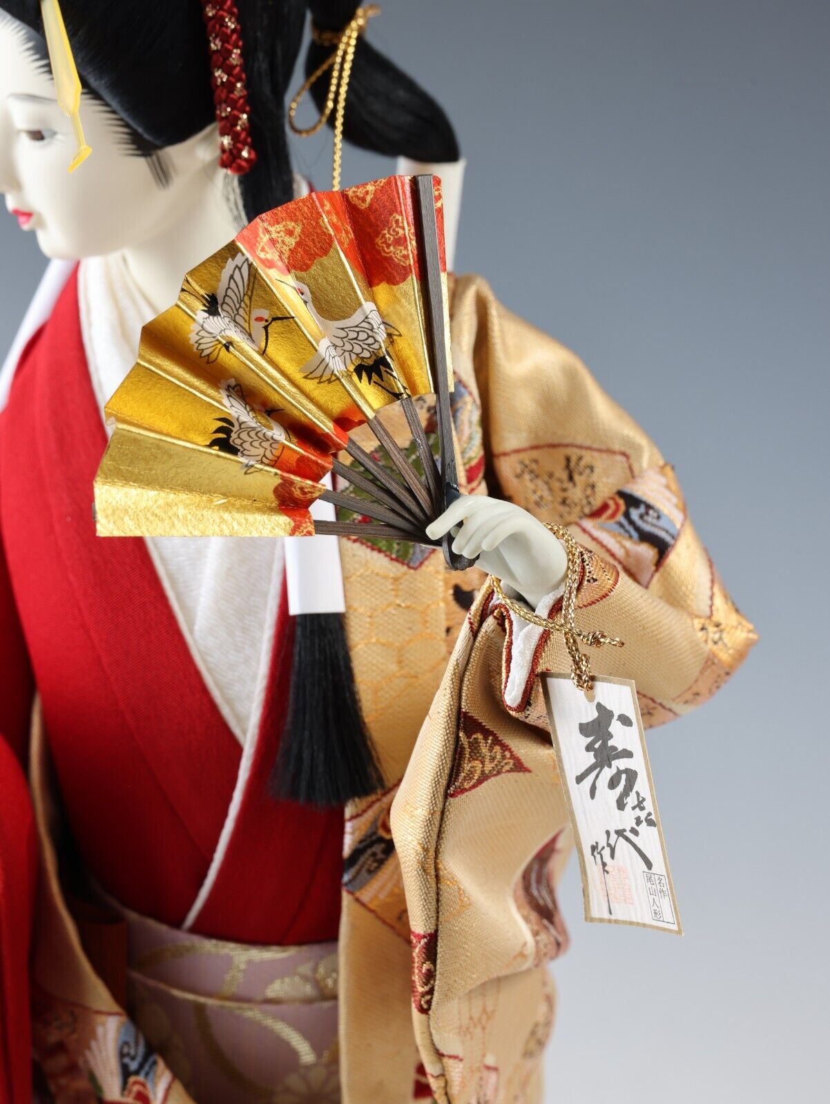 Collectible Vintage Japanese Geisha Doll in Traditional Kimono with Fan Showa Era.