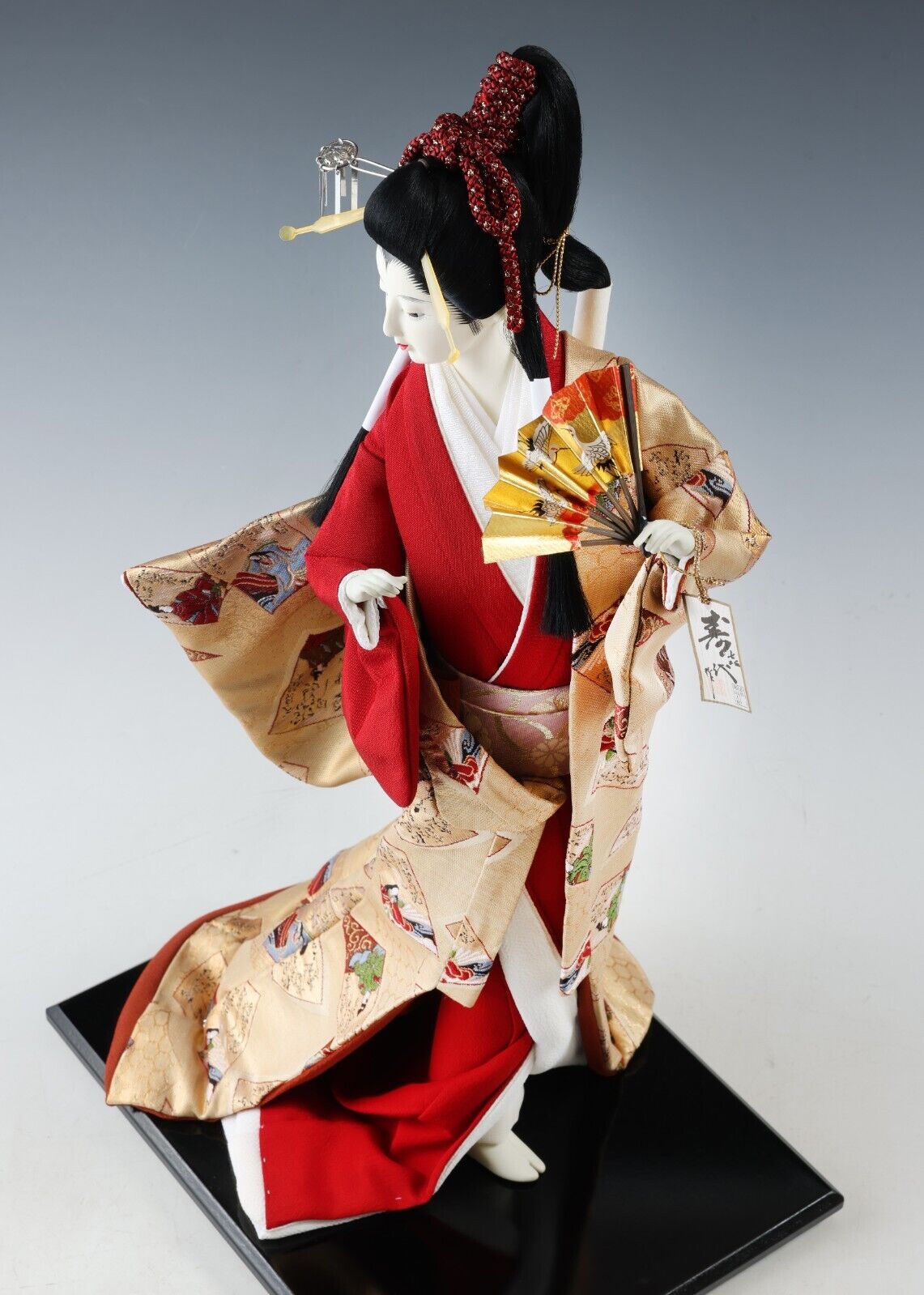 Collectible Vintage Japanese Geisha Doll in Traditional Kimono with Fan Showa Era.